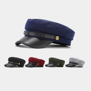 Retro Navy Newsboy Cap Cotton Fabric PU Leather Brim Vintage Fiddler Flat Top Hat Gold Metal Buttons Unisex Casual