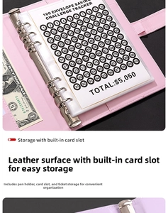 Pink leather 100 envelope challenge binder with 6-ring clips and saving tracker