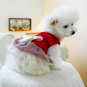 Detailed view of red pet princess dress with tiered lace layers and a large silk bow