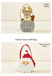 Detail view of plush Christmas gift bags featuring grey reindeer and red Santa Claus designs
