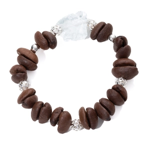 Unique beaded bracelet with dark roasted coffee beans and silver hollow metal beads