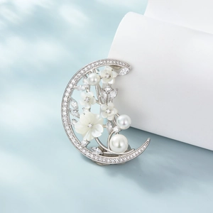 Elegant S925 silver crescent brooch with pearls, shell flowers, and sparkling zircons