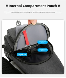 Macro shot of crossbody bag interior showing double compartments and red key hook strap