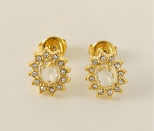 Detailed view of sunflower stud earrings with gold finish and inlaid zircon stones