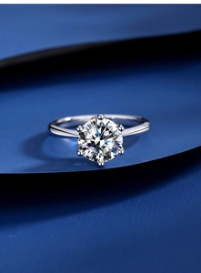 Macro shot of a classic six-prong silver crown ring with a brilliant round moissanite stone