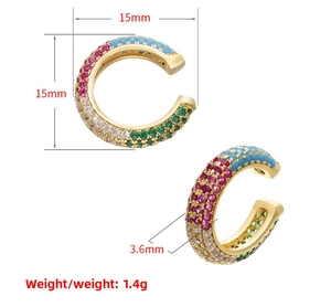 Detailed view of colorful zircon C-shaped ear cuff with 15mm diameter and 3.6mm width