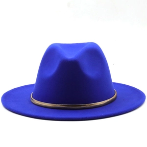 Close-up of royal blue wool fedora hat with elegant gold woven metal band detail