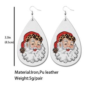 Detailed view of Santa Claus pattern teardrop earrings made of iron and PU leather