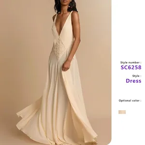 Maxi Dress Deep V Neck Backless Lace Patchwork Sleeveless Hollow Out Polyester Elegant Solid Color Women Wedding Party