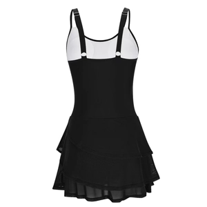 Detail of adjustable straps and triple-layered mesh ruffles on this black swim dress