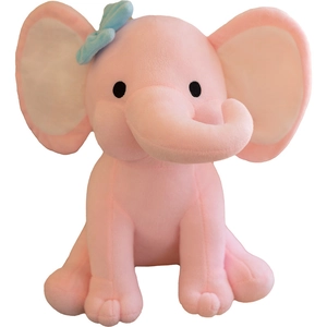 Pink elephant plush toy for baby soothing with blue bow tie on white background