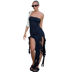 Sexy black strapless maxi dress with cutout waist and ruffled high slit detail