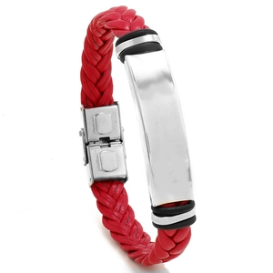 Red braided leather bracelet for men with silver stainless steel plaque on white background