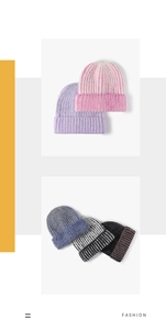 Detailed knit texture and color options for women's winter beanie featuring ribbed cuffs
