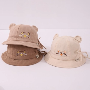 Baby Fischerhut Cord Weiche Bärenohren Cartoon Stickerei Kinnriemen Outdoor Sonnenschutz Kleinkind Infantile