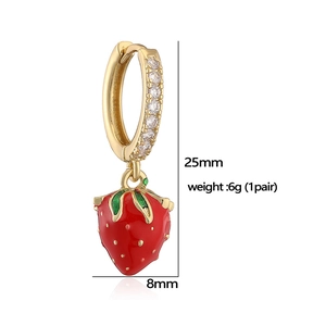 Close-up of strawberry pendant earrings showing 25mm height and 8mm width details