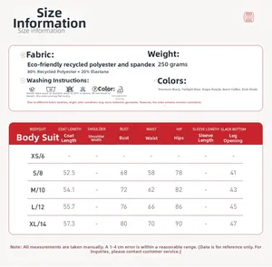 Size chart for cross-back tennis dress bodysuit made of recycled polyester and elastane