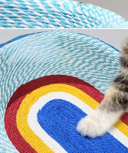 Detail of colorful rainbow sisal cat nest showing tight weave and scratch-resistant texture