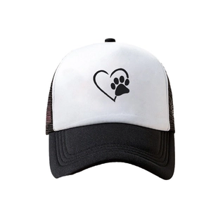 Fashionable trucker hat featuring heart and paw print design with breathable mesh back