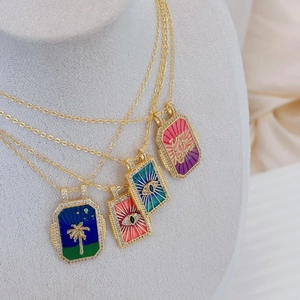 Bohemian gold plated tarot pendant necklaces with evil eye and palm tree enamel designs