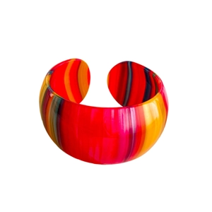 Colorful striped acetate open bangle bracelet with red yellow and blue patterns