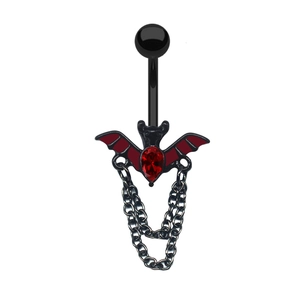 Detail of a black bat belly ring featuring a red teardrop gemstone and twin chains
