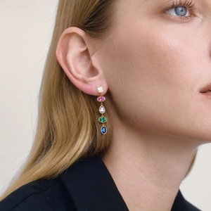Colorful gemstone drop earrings featuring five multi-shape stones in gold setting