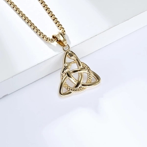 Golden Celtic Triquetra necklace with double-headed snake pendant and box chain link