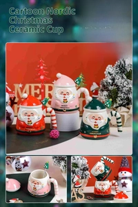 Detailed view of festive Christmas ceramic mug with 3D Santa lid and stainless steel spoon