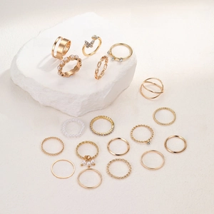 Detailed chart of gold alloy ring set with sizes, pearl and crystal accents