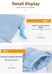 Detail of light blue linen pouch featuring premium drawstring and inner coating for durability