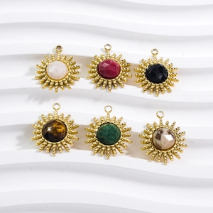 Set of 6 gold stainless steel sun pendants with colorful round gemstone centerpieces