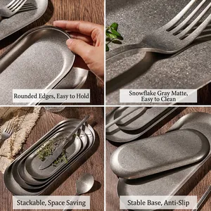 Oval 304 stainless steel food trays in matte snowflake grey finish with cutlery set