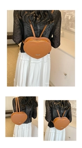 Brown heart-shaped leather backpack worn by model showing various angles and back view