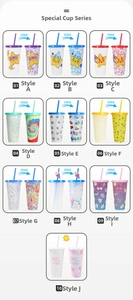 Detail view of 10 color-changing PP coffee cups with straws in various patterns