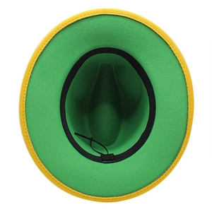Wide brim wool jazz hat featuring a vibrant green interior and yellow contrast edge