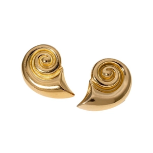 Gold plated conch shell stud earrings in stainless steel with minimalist spiral design