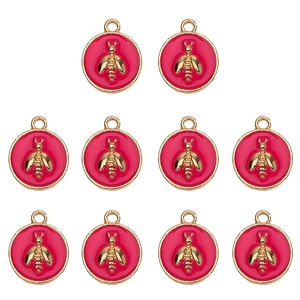 Set of 10 red enamel and gold bee charms for DIY jewelry making with top ring connectors
