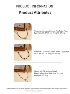Detailed size and material specifications for bow tiger eye stone and zircon necklaces