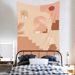Modern Bohemian tapestry featuring terracotta arches and tropical leaves in a bedroom
