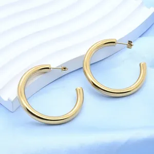 Chunky C-Shaped Hoop Earrings Stainless Steel Mirror Polished Minimalist INS Style Tube Jewelry For Women Girls