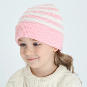 Close-up of pink and white striped knit beanie with ribbed cuff for kids winter wear