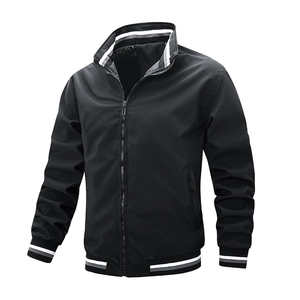 Men's casual black bomber jacket with striped stand collar and athletic ribbed cuffs