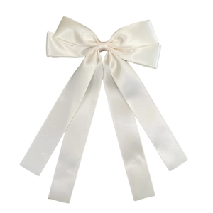 Elegant off-white satin double bow hair clip with long ribbons on white background