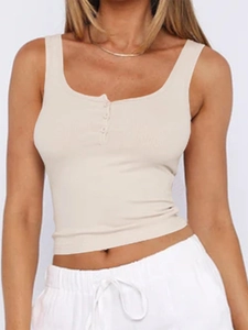 Detail view of beige ribbed Y2K crop top featuring a U-neckline and three button accents