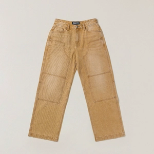 Vintage brown wide-leg distressed cargo jeans with retro straight-cut design in a flat lay