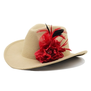 Detail of khaki wool felt cowboy hat with red flower, feathers and mesh decoration