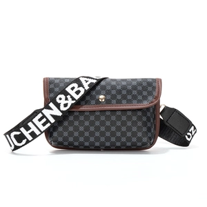 Retro quilted crossbody bag in black and brown with wide logo strap on white background