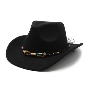 Close-up of black felt western cowboy hat featuring colorful ethnic style beaded band