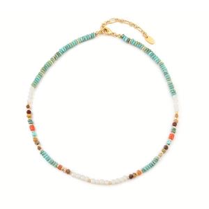Colorful turquoise bead necklace with pearls and gold clasp on a clean white background